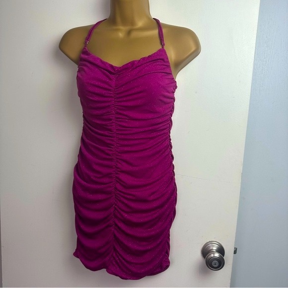 Lucy In The Sky Mauve Glitter Ruched Spaghetti Strap Body-con Mini Dress Size M - Picture 6 of 16